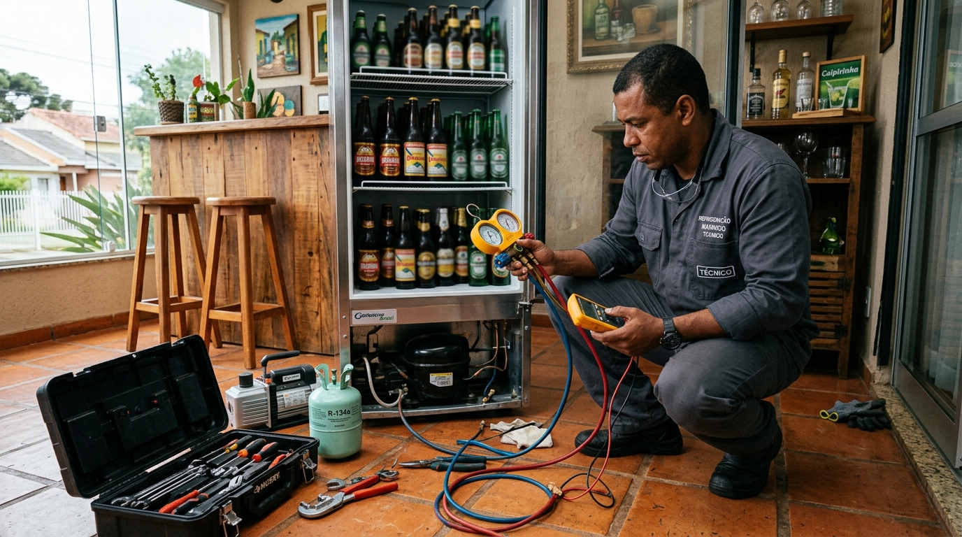Profissional executando reparo no motor de cervejeira em Ponta Grossa‑PR