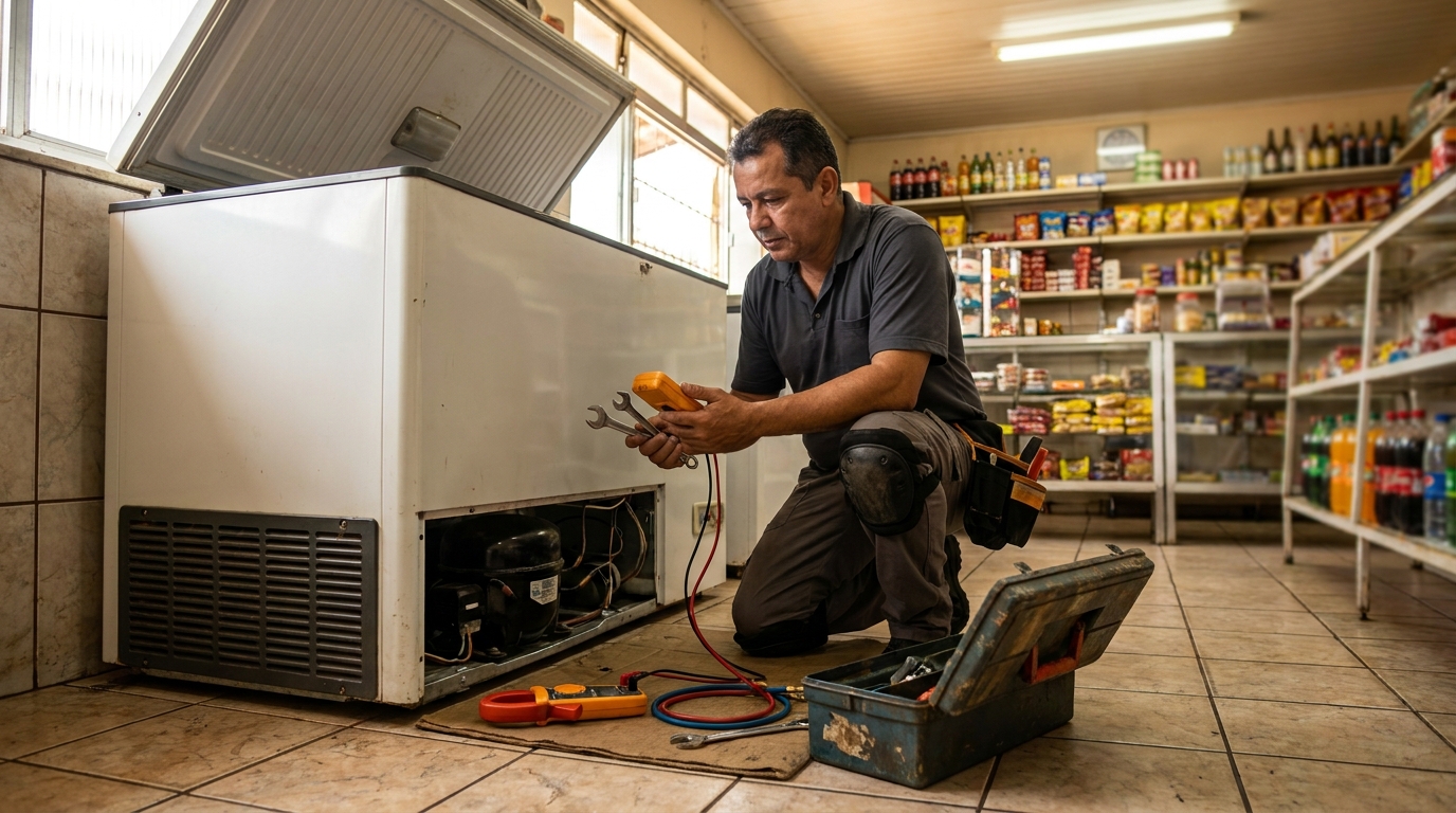 Profissional executando manutenção no motor de freezer em Ponta Grossa‑PR